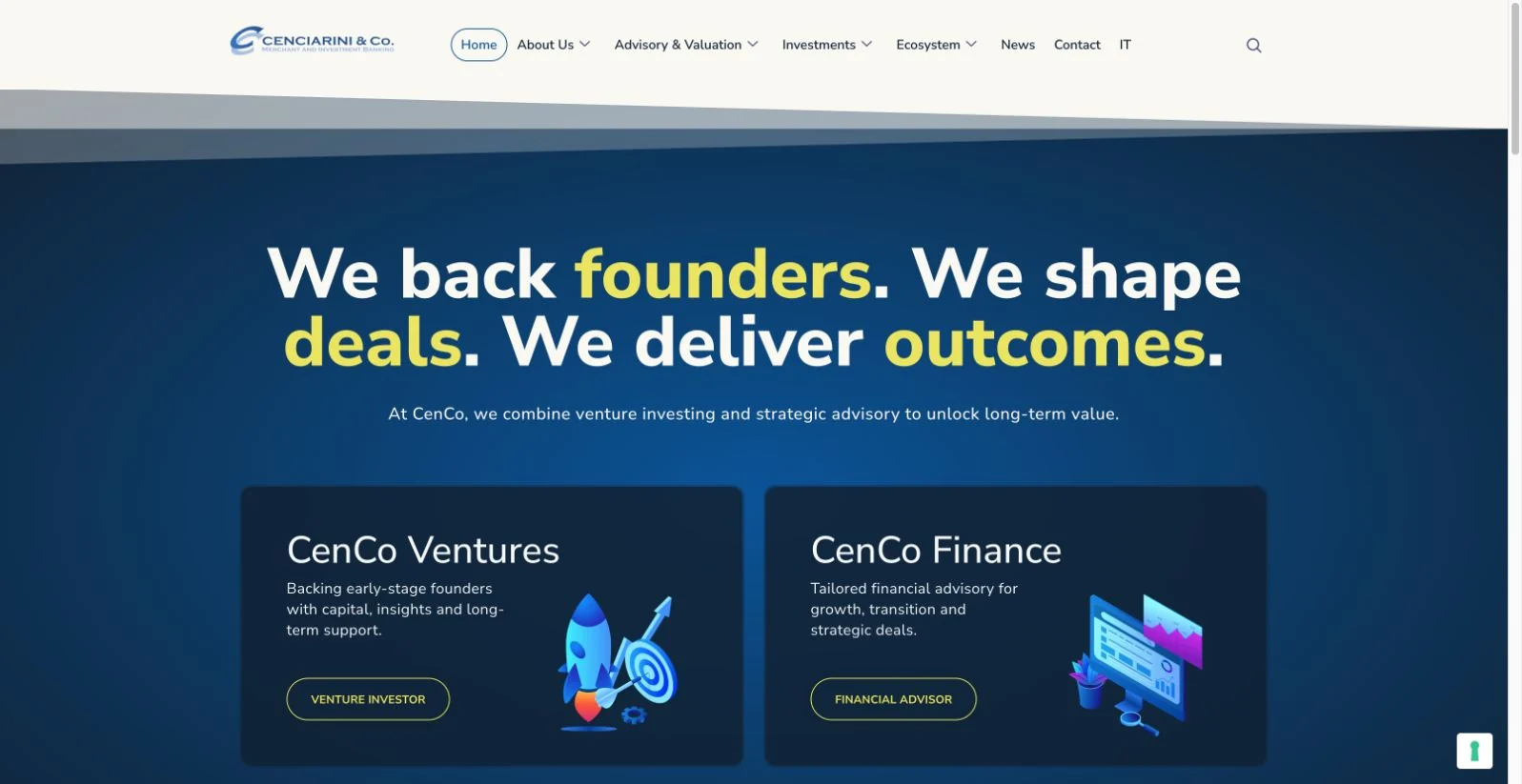 La nuova homepage Cenciarini con i percorsi CenCo Ventures e CenCo Finance