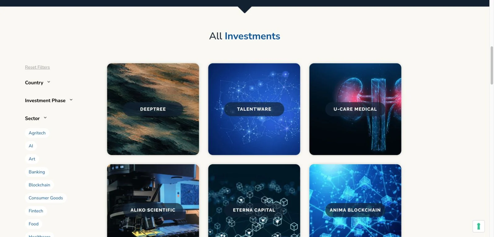 Selezione del settore nell’archivio degli investimenti