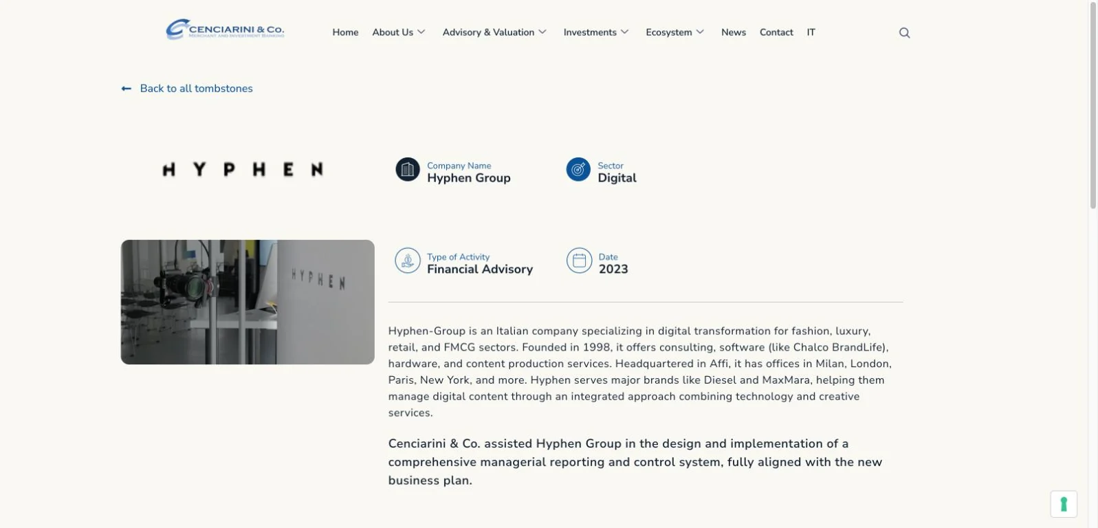 Scheda tombstone Hyphen Group dedicata all’attività di advisory