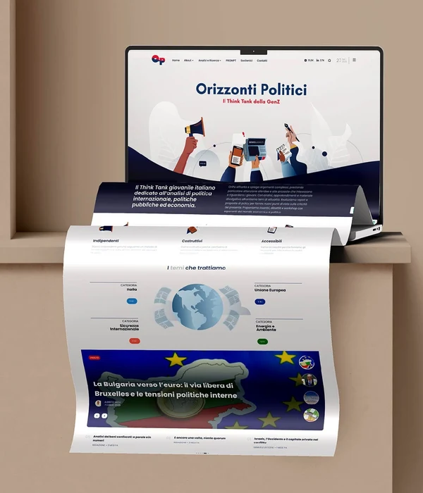 Il sito Orizzonti Politici su laptop, con la pagina che si srotola su uno sfondo beige