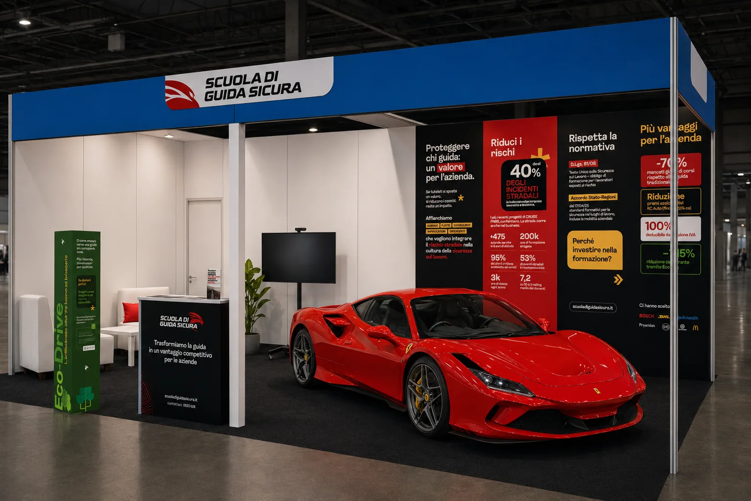Render del progetto di stand SDGS con desk, pannelli coordinati e vettura al centro