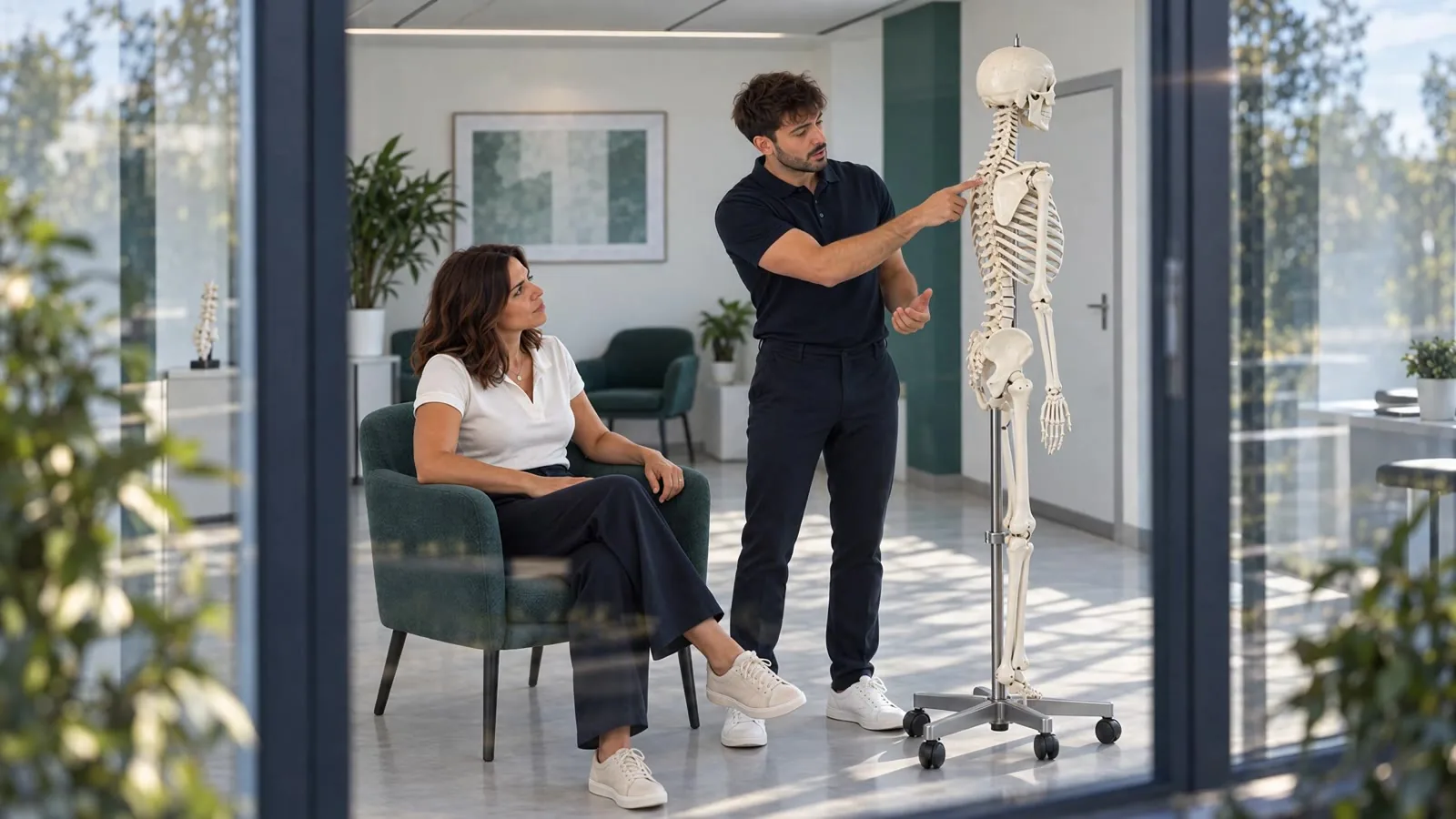 Scena AI: dialogo nello studio, con modello anatomico sullo sfondo
