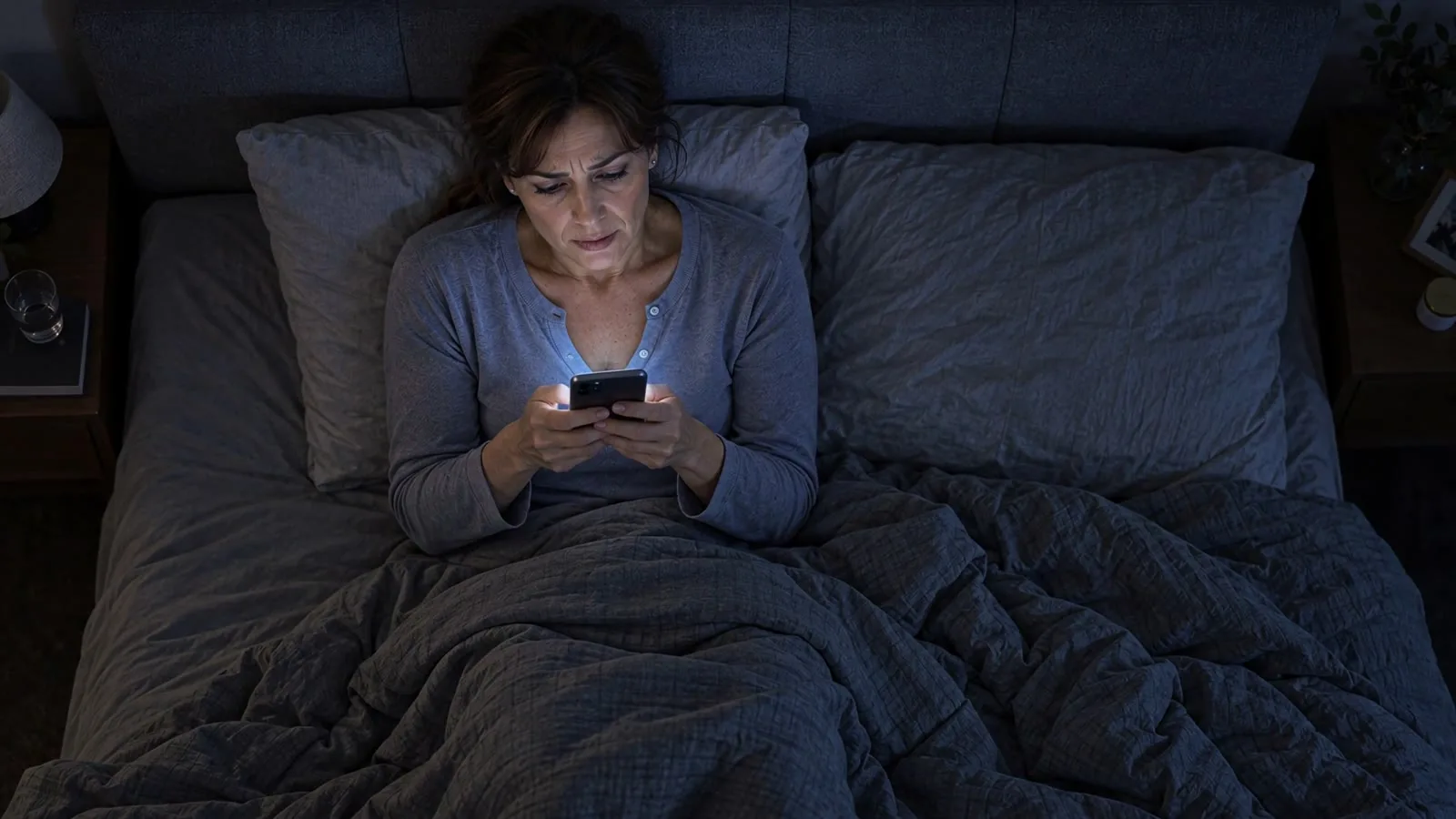 Scena AI: una donna osserva il telefono nella luce notturna