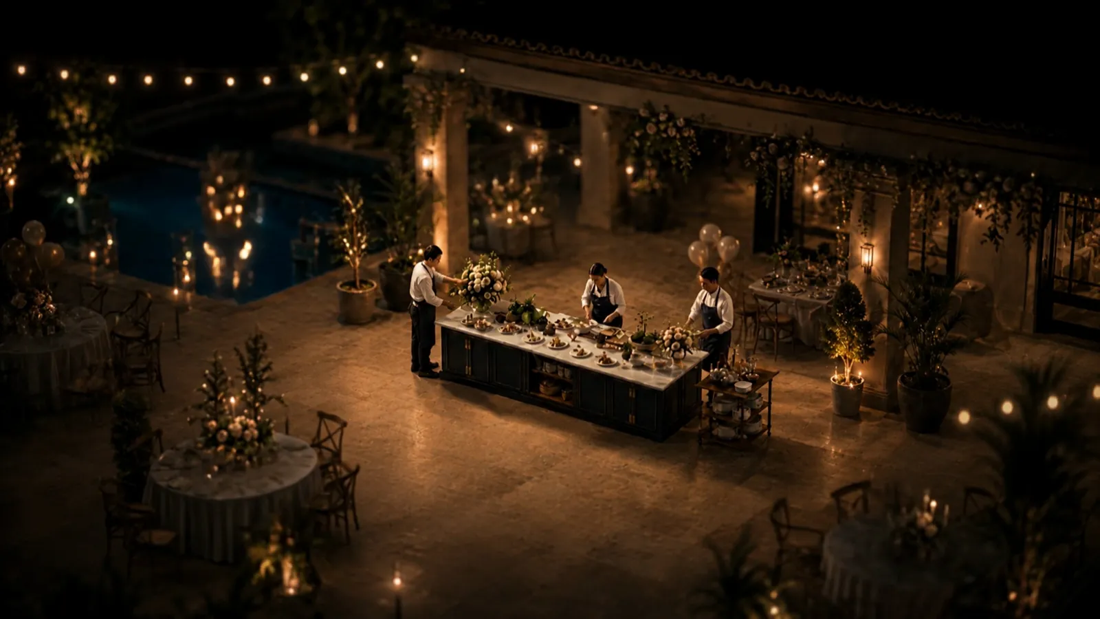 Catering che cucina davanti agli ospiti, ricostruzione narrativa AI del ricevimento