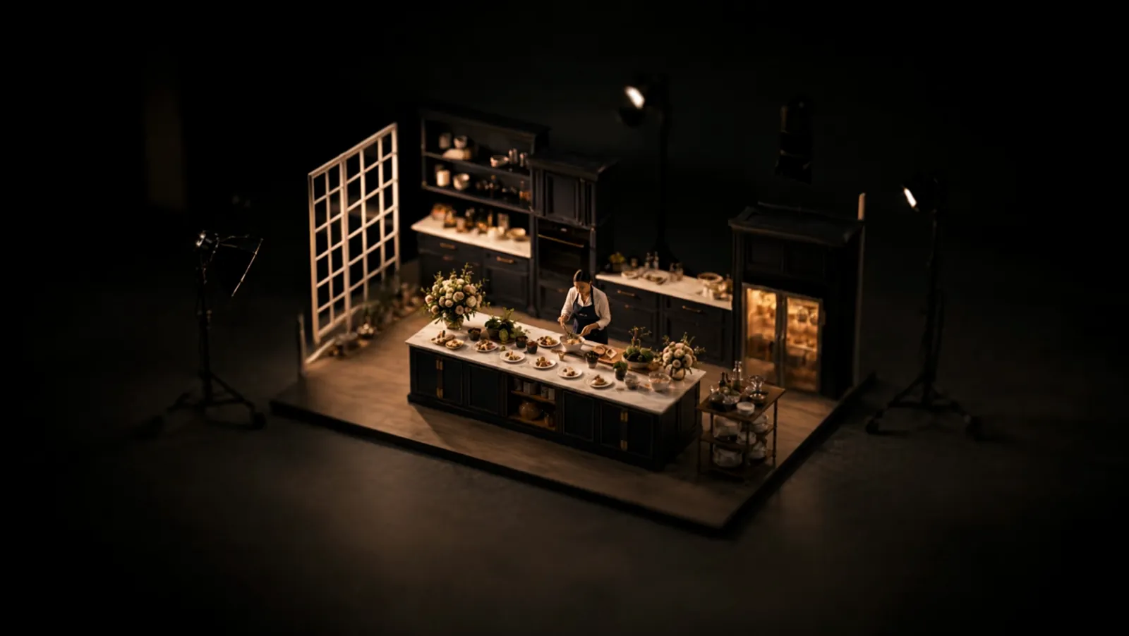 Cucina a vista rappresentata come set CGI in miniatura con illuminazione cinematografica