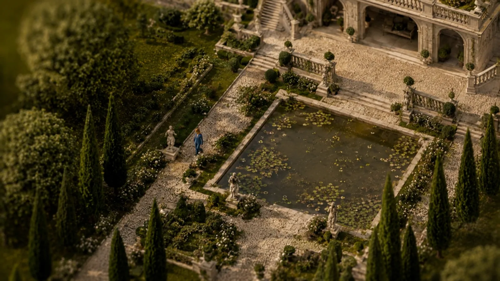 Vista aerea isometrica del giardino e della piscina della villa in miniatura