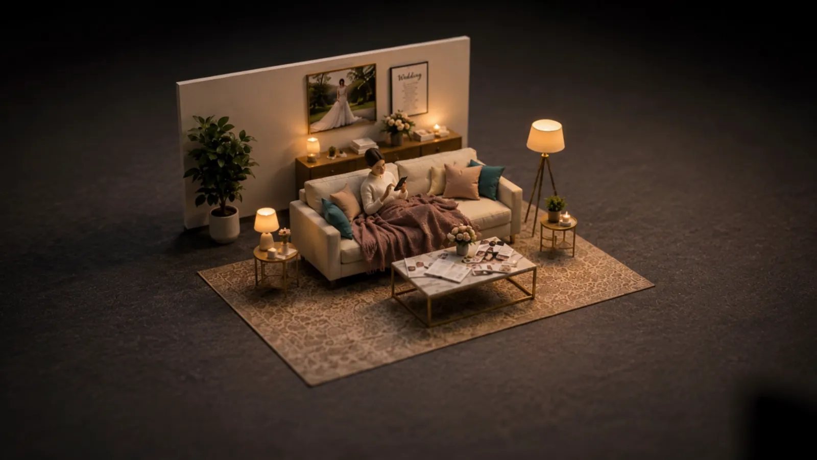 Scena AI in miniatura: una donna sul divano cerca la location per il matrimonio