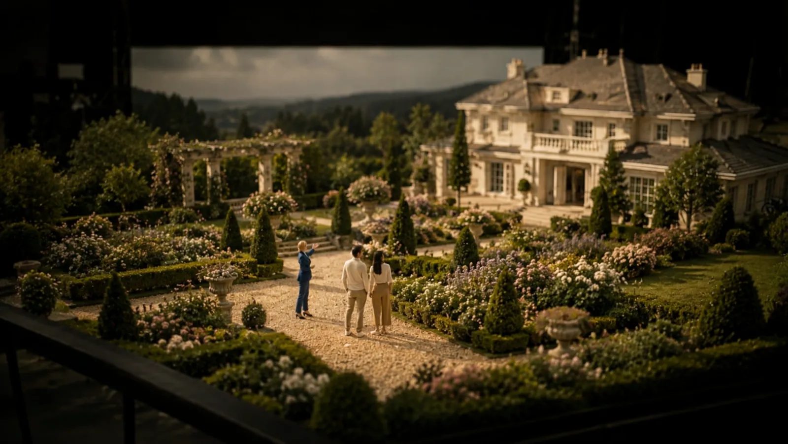 Scena CGI con effetto tilt-shift: una coppia visita la villa nella VSL Wedding Revolution