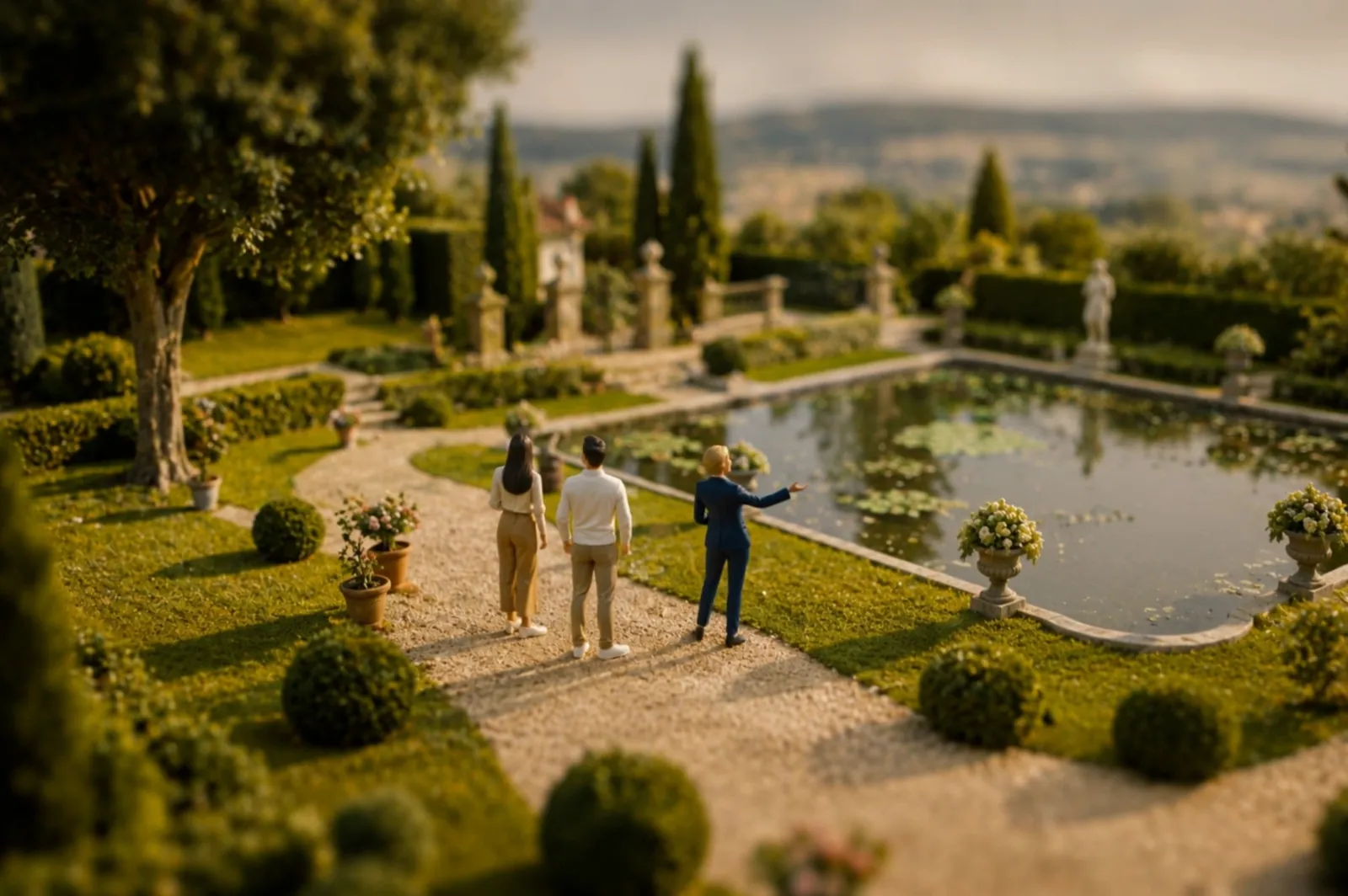 Coppia accompagnata nella visita al giardino della villa, scena AI tilt-shift